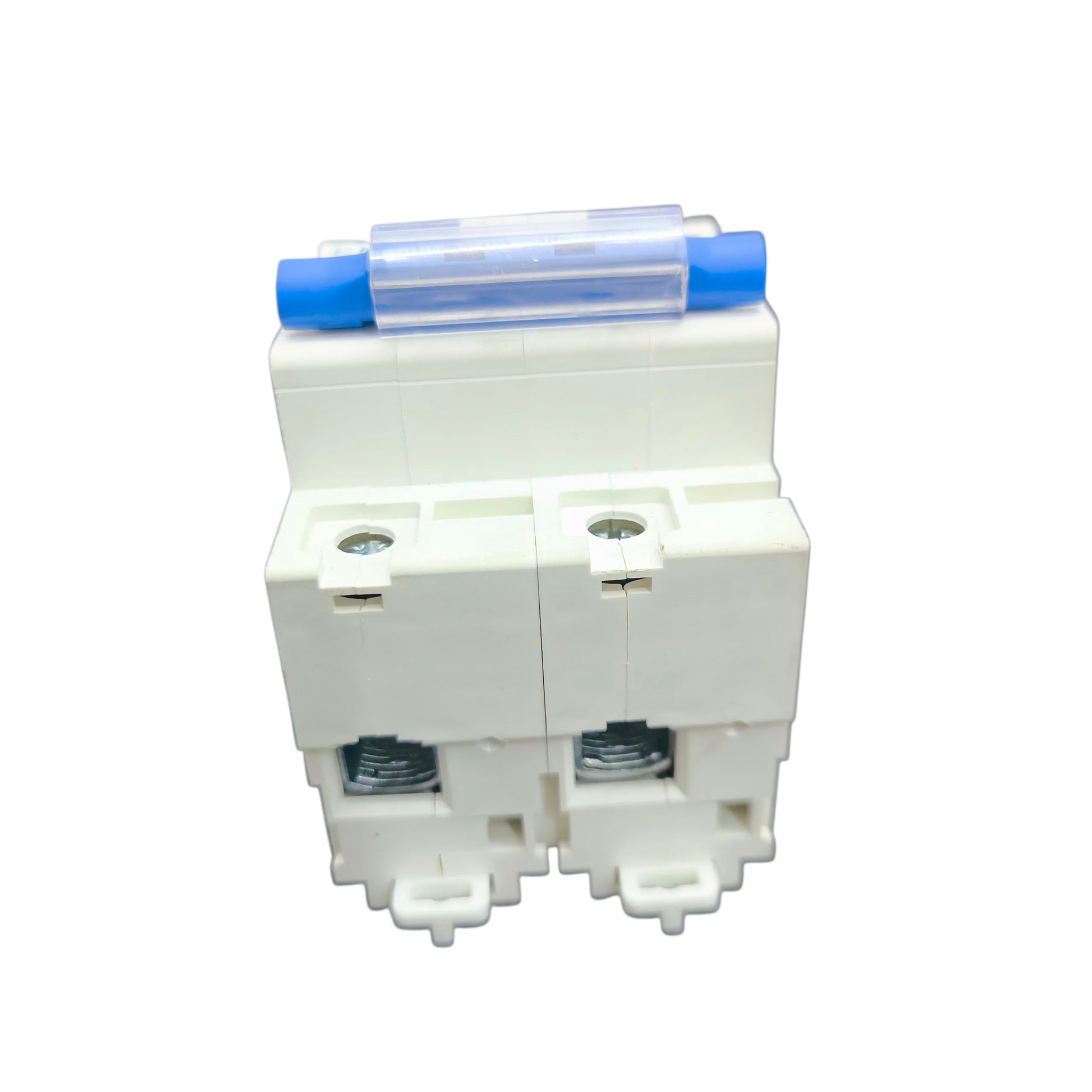 White electrical switch with blue accents on a white background