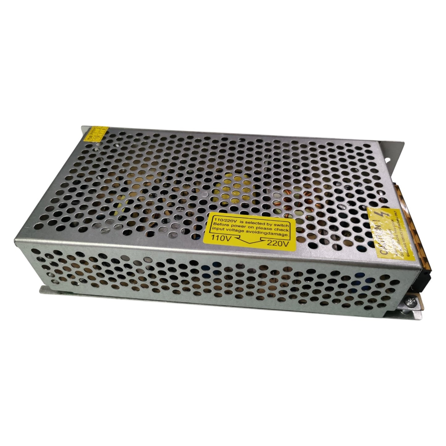 Rectangular metal power supply unit with perforated design on a white background