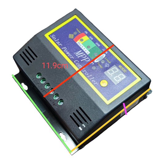 A solar power controller device with a black casing, yellow and blue front panel, digital display, and terminal connectors on the side. A red measurement overlay reads 11.