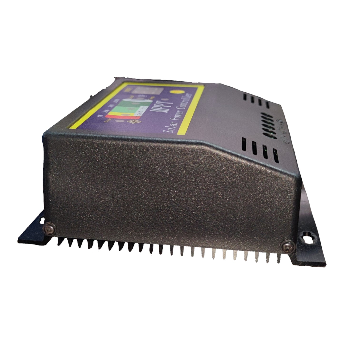 A solar MPPT inverter converter with a textured dark gray metal casing, a purple and yellow control panel on top, and mounting brackets on the sides, shown against a plain white background.