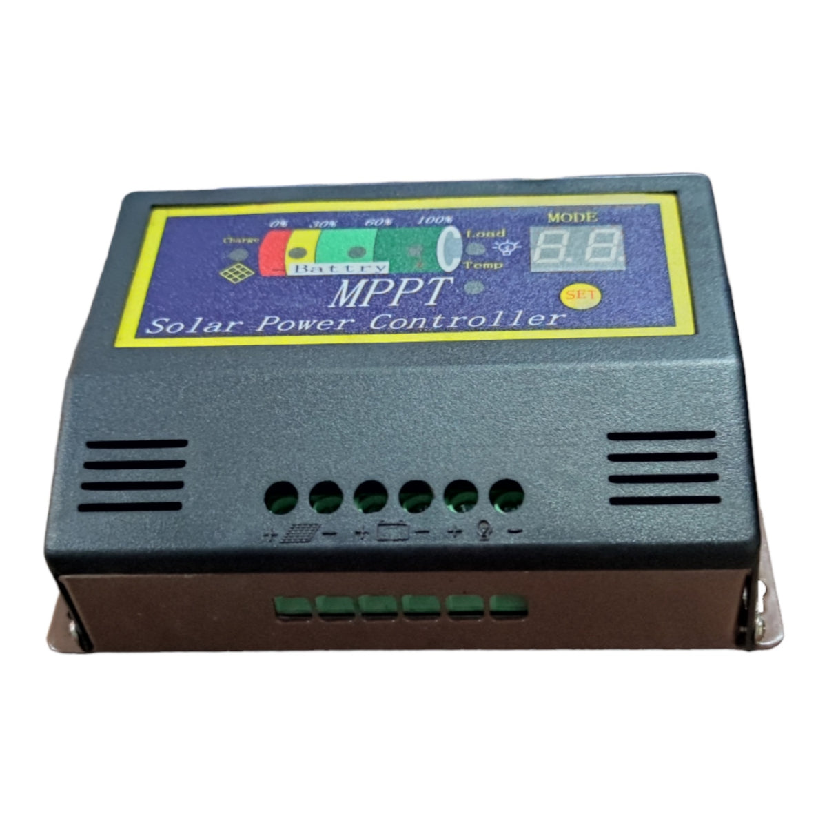 An MPPT solar power controller with a dark gray metal casing, featuring a colorful front display panel with green, yellow, and red indicators, and a digital LED readout showing '8.8'.