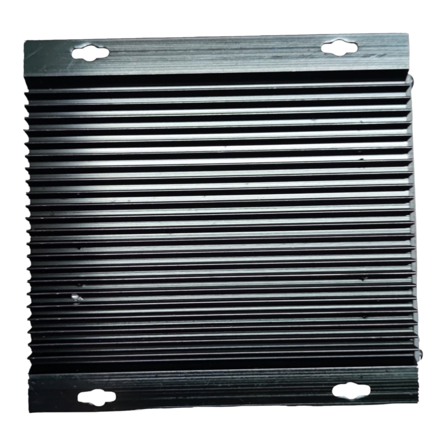 A black metal heat sink with a ribbed fin design and two mounting tabs with screw holes at the top and bottom, shown against a plain white background.