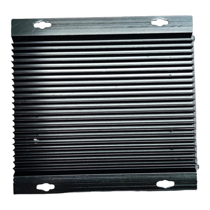 A black metal heat sink with a ribbed fin design and two mounting tabs with screw holes at the top and bottom, shown against a plain white background.