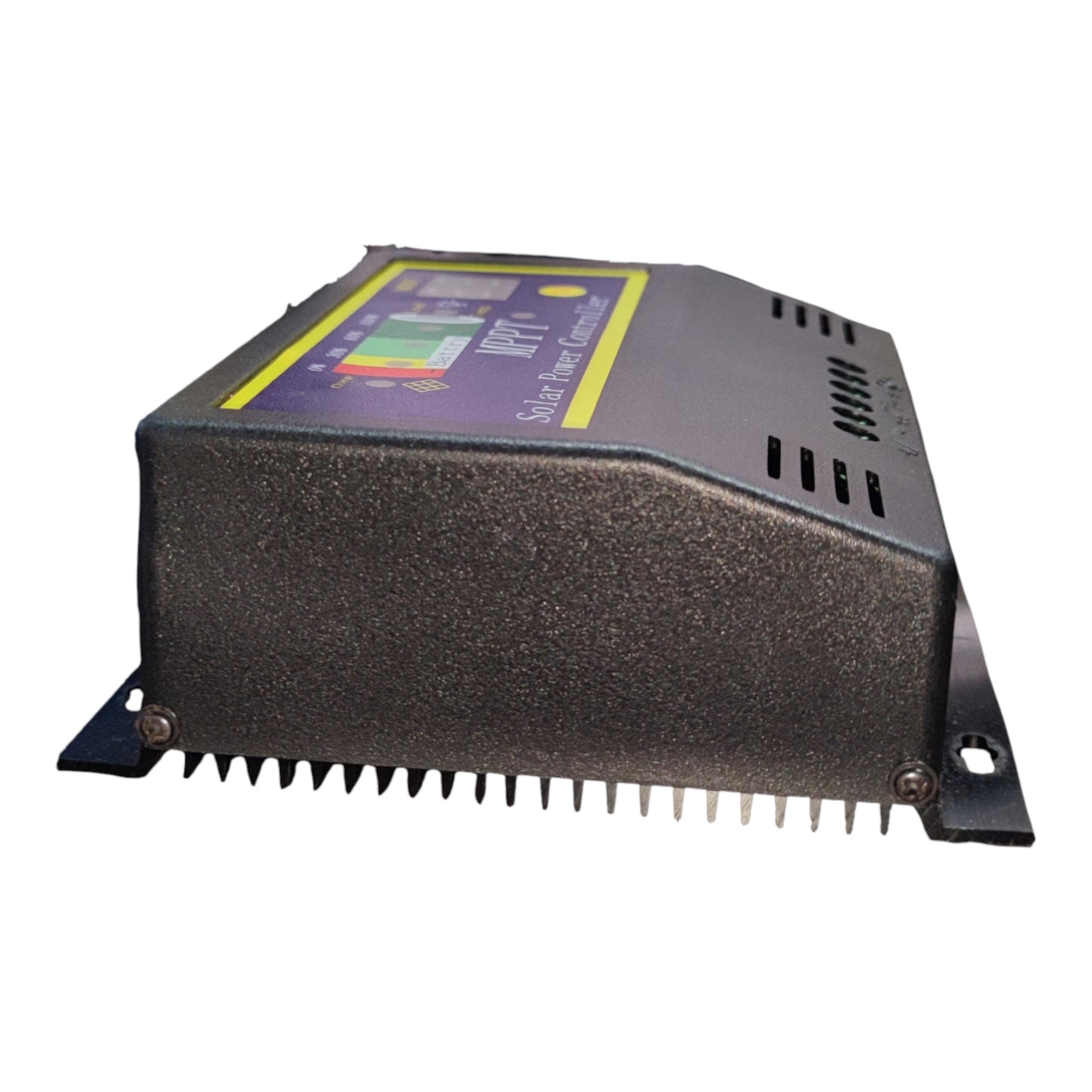 A black metal solar inverter converter with a textured finish, featuring a purple and yellow label on top, mounting brackets on the sides, and a finned heat sink on the bottom, shown against a plain white background.
