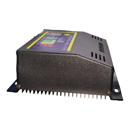 A black metal solar inverter converter with a textured finish, featuring a purple and yellow label on top, mounting brackets on the sides, and a finned heat sink on the bottom, shown against a plain white background.