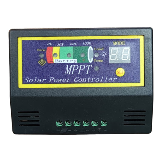 An MPPT solar power controller with a black plastic housing and a colorful front display panel showing battery levels and digital readouts.