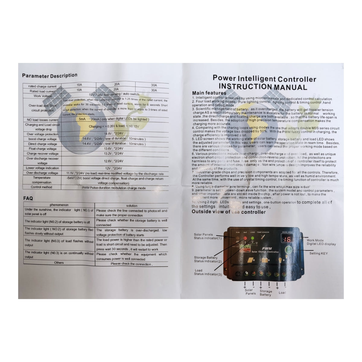 An open instruction manual spread showing the 'Power Intelligent Controller Instruction Manual' with parameter descriptions, FAQs, and a labeled controller diagram on a white background.