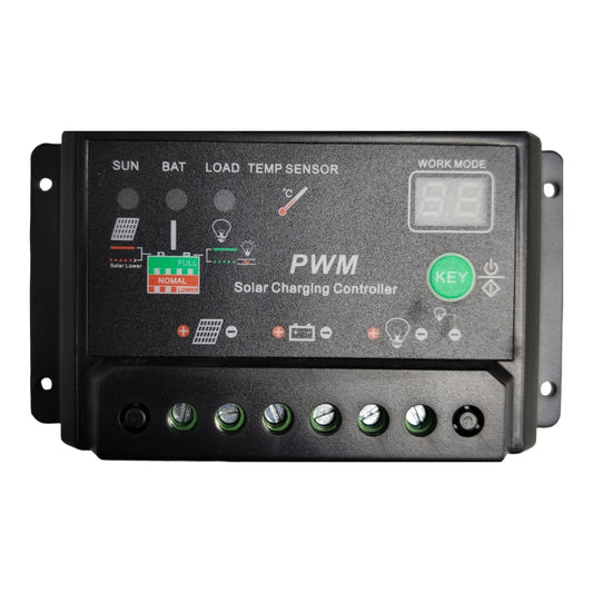 A black PWM Solar Charging Controller unit with a digital display screen, green key button, and terminal connectors on a white background.
