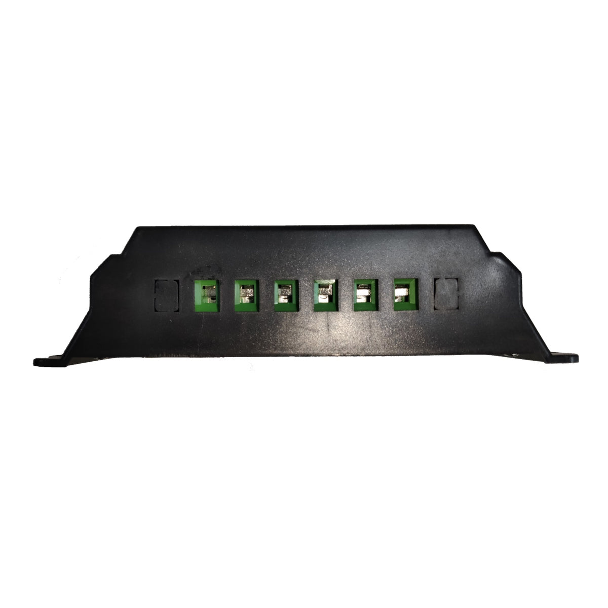 A black plastic automotive light assembly with six green terminal blocks, shown against a plain white background.