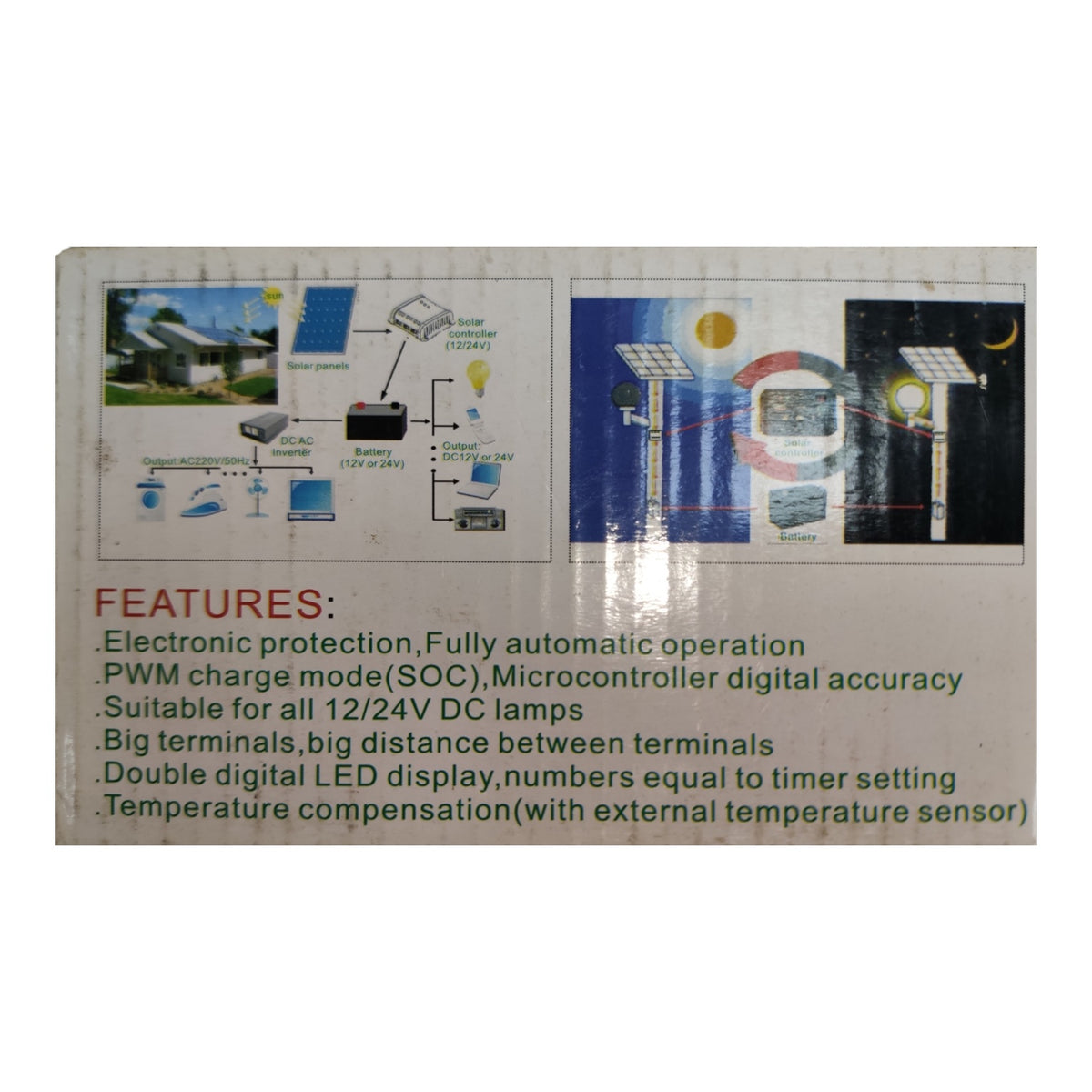 A printed product information card showing diagrams of a solar lamp system and a list of features in green text on a white background.