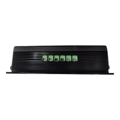A black rectangular electronic component with a ribbed metal surface and a row of six small green terminal blocks on the front, shown against a plain white background.