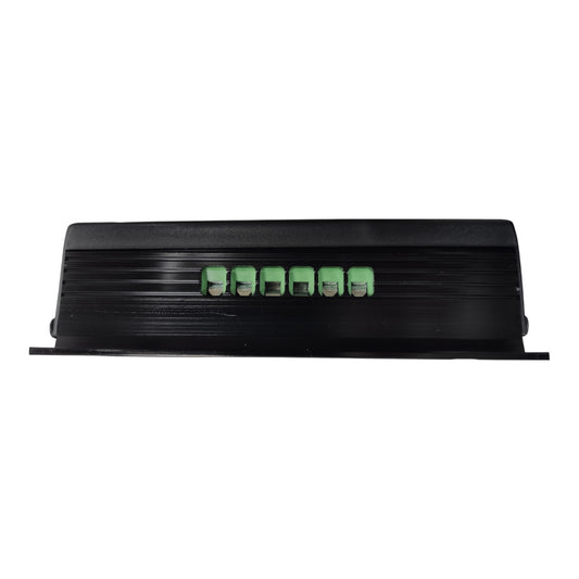A black rectangular electronic component with a ribbed metal surface and a row of six small green terminal blocks on the front, shown against a plain white background.
