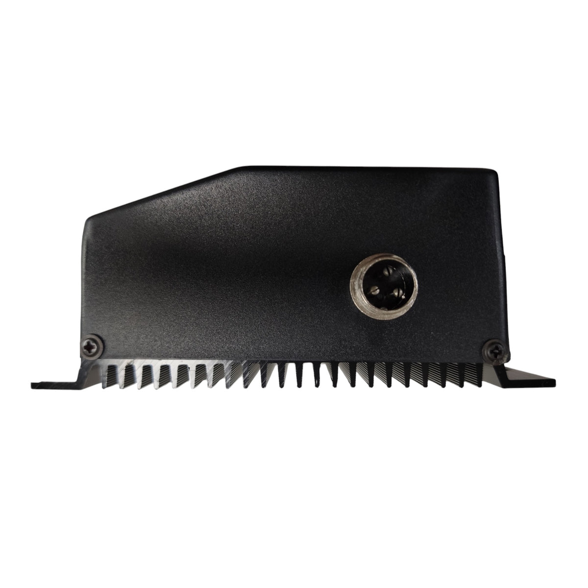 A black metal electronic heatsink with a circular silver connector port on the side, shown against a plain white background.