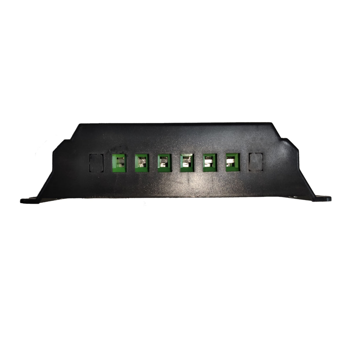 A black plastic electronic module or panel with five green terminal blocks on a white background.