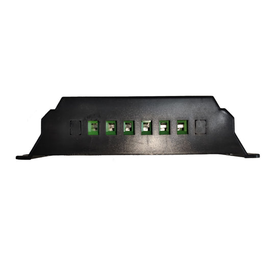A black plastic electronic module or panel with five green terminal blocks on a white background.