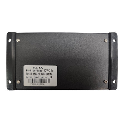 A black metal electronic module with mounting brackets on the left and right sides, featuring a white label with specifications including 'SCL-5A' and 'Work voltage: 12V/24V'.