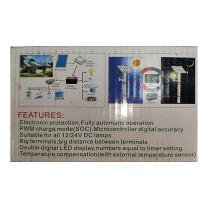 A printed product information card showing diagrams of a solar lamp system and a list of features in green text on a white background.