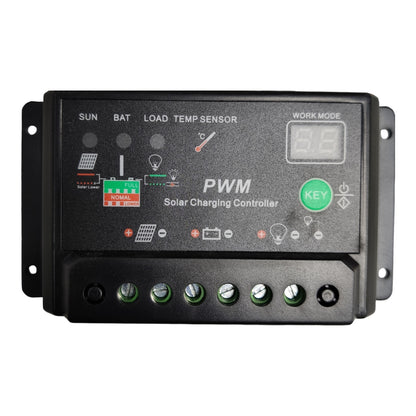 A black PWM solar charging controller panel with a digital display screen, green key button, and multiple terminal connectors on a white background.