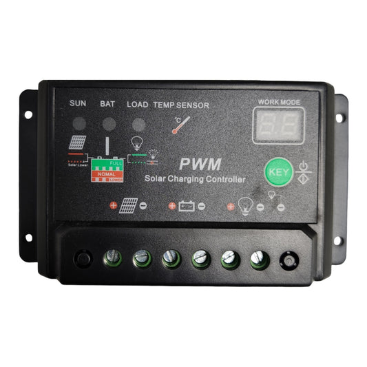 A black PWM solar charging controller panel with a digital display screen, green key button, and multiple terminal connectors on a white background.