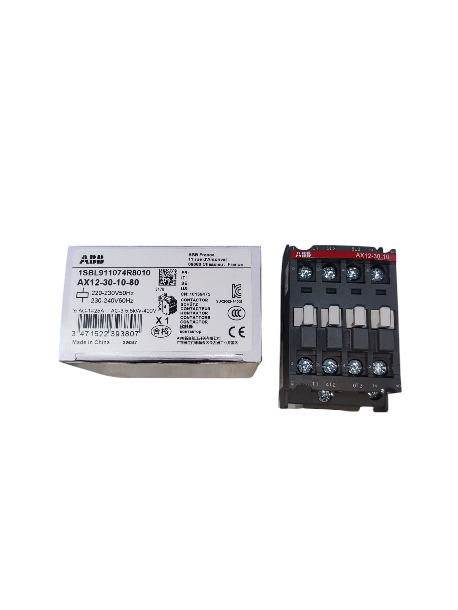 ABB Magnetic Contactor 25A 220V with original packaging showing model AX12-30-10-80