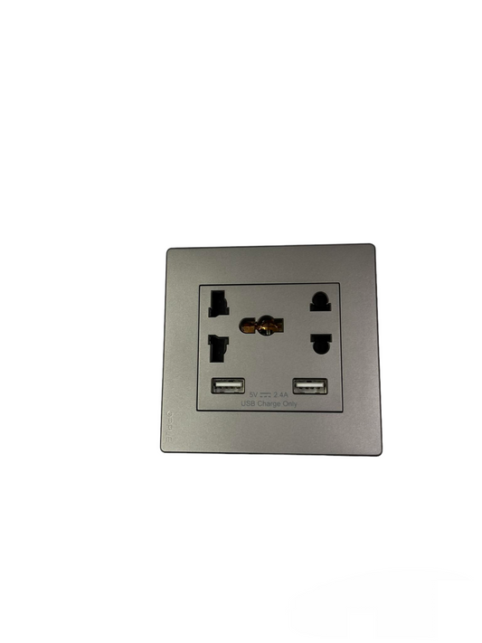 Opple Duplex Universal Outlet Square Gray 16A 250V with 2 Gang USB-A 5V 2.4A Outlet with Plate Cover F021685