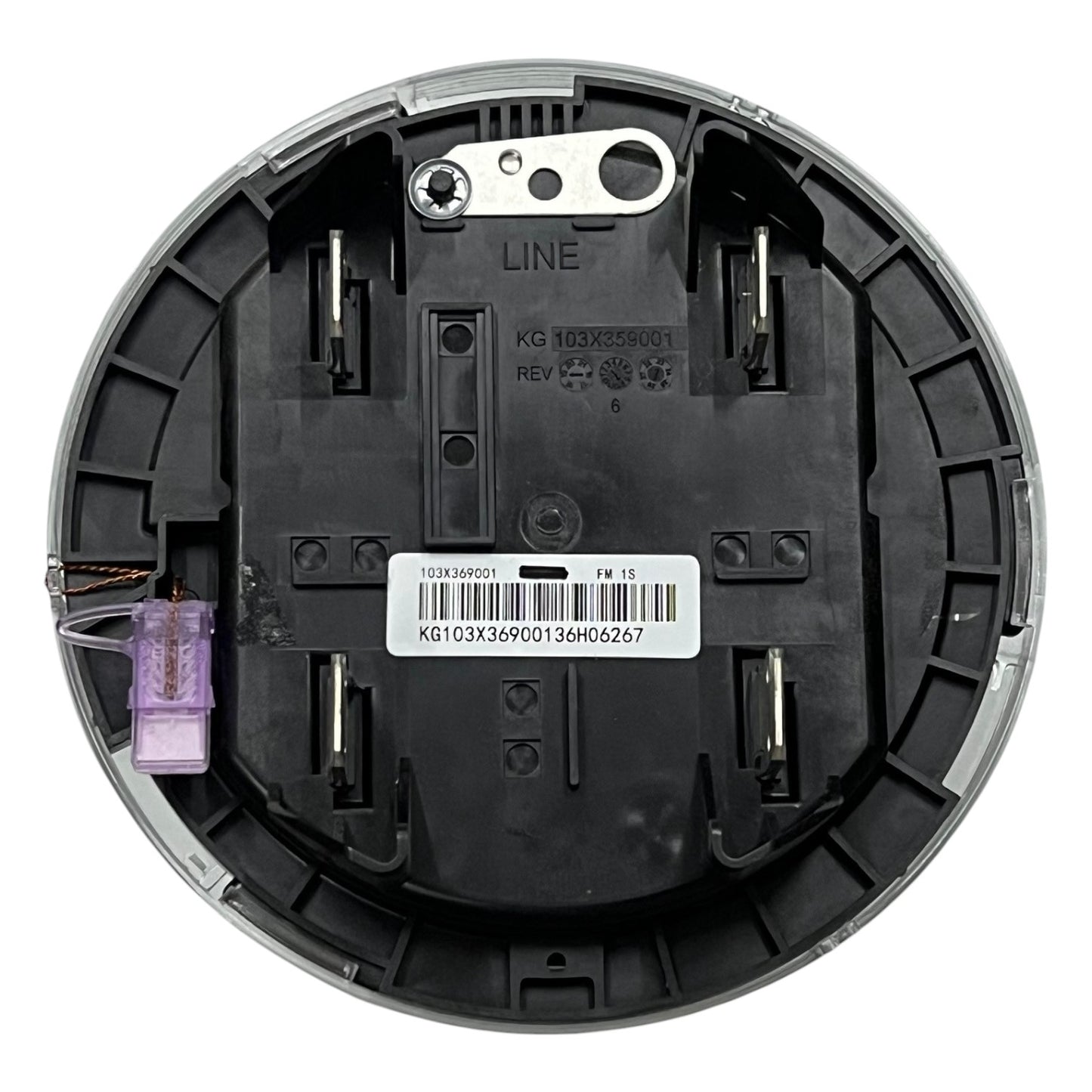 Back view of a round electronic component with wiring and labels on a white background Aclara KV2C FM3S KWH Electric Meter CT Rated Single Phase 2 Wire 120V to 480VAC 5 Jaws Electx Electrical Supply