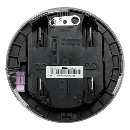 Back view of a round electronic component with wiring and labels on a white background Aclara KV2C FM3S KWH Electric Meter CT Rated Single Phase 2 Wire 120V to 480VAC 5 Jaws Electx Electrical Supply