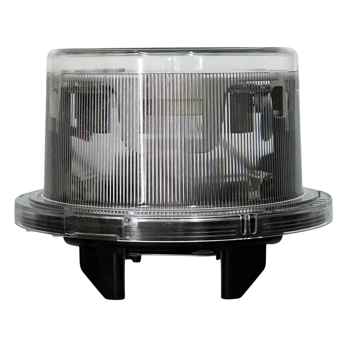 Round industrial light with clear cover on a white background