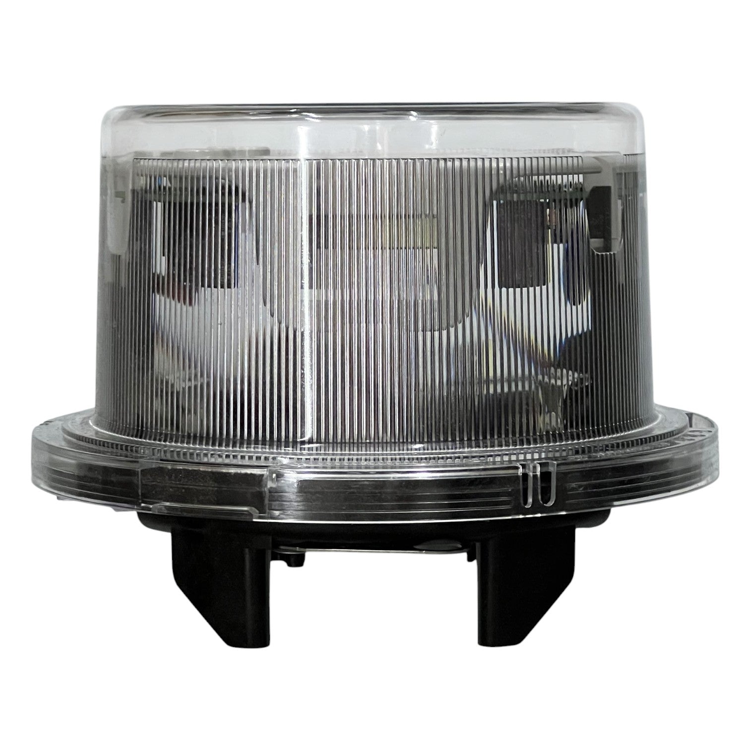 Round industrial light with clear cover on a white background