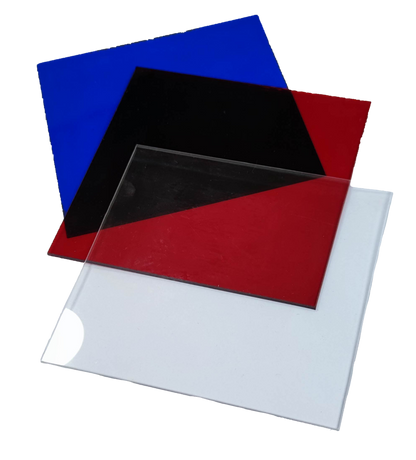 Set of acrylic blue optical filter and colored sheets in red, black, and transparent options for decorative use