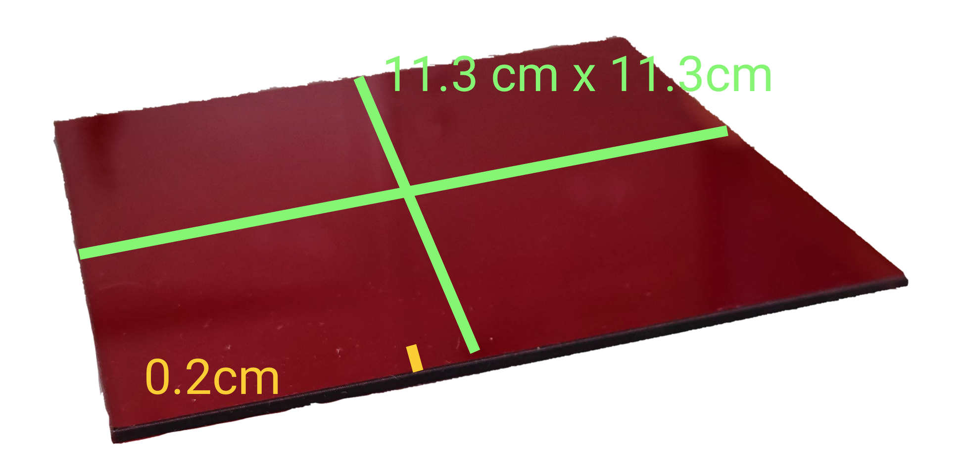 Acrylic red light filter sheet measuring 11.3 cm x 11.3 cm with a thickness of 0.2 cm