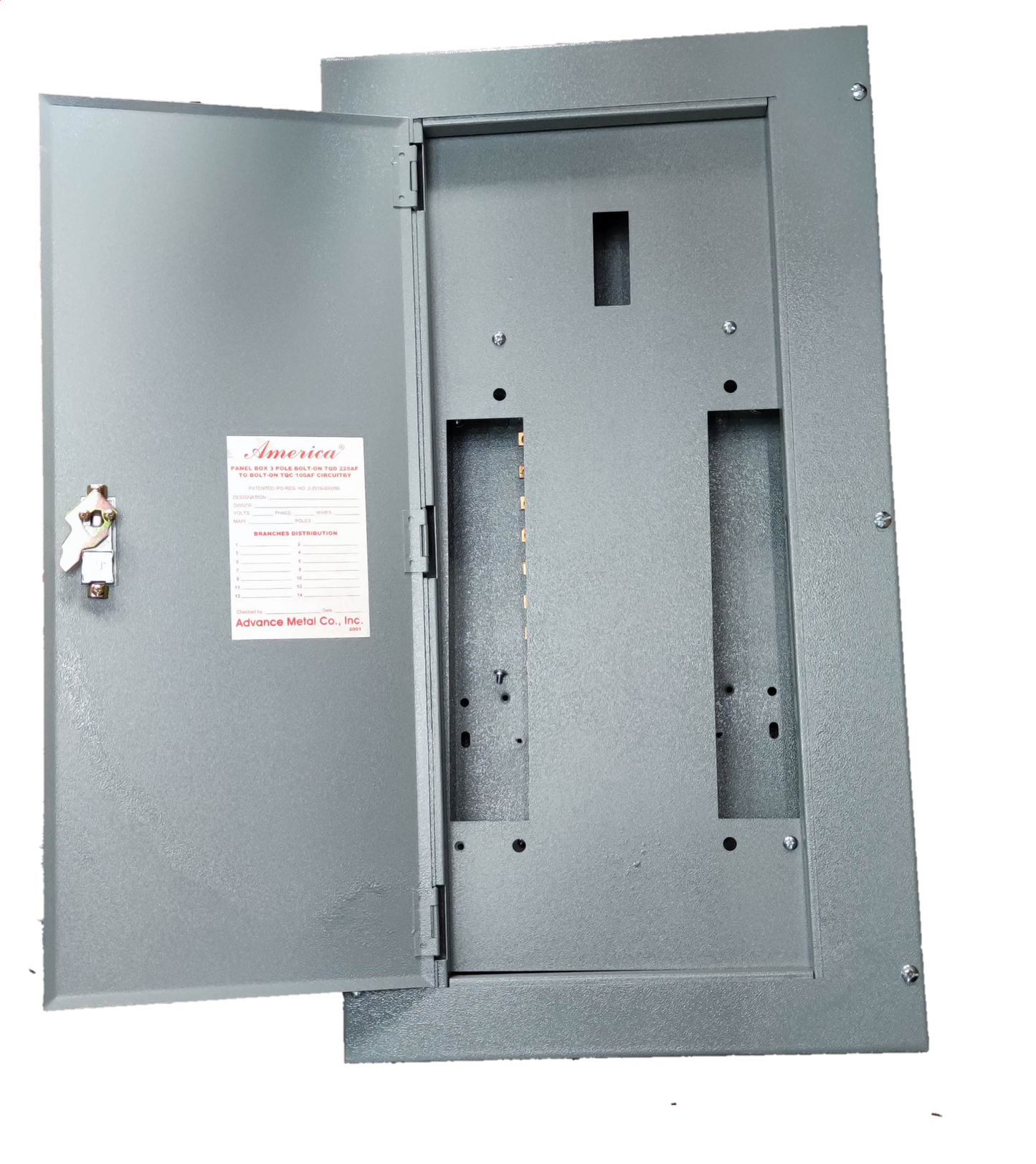 Local TQD Main 3 Pole 12 Branches 2 Pole TQC electrical panel with open gray metal door