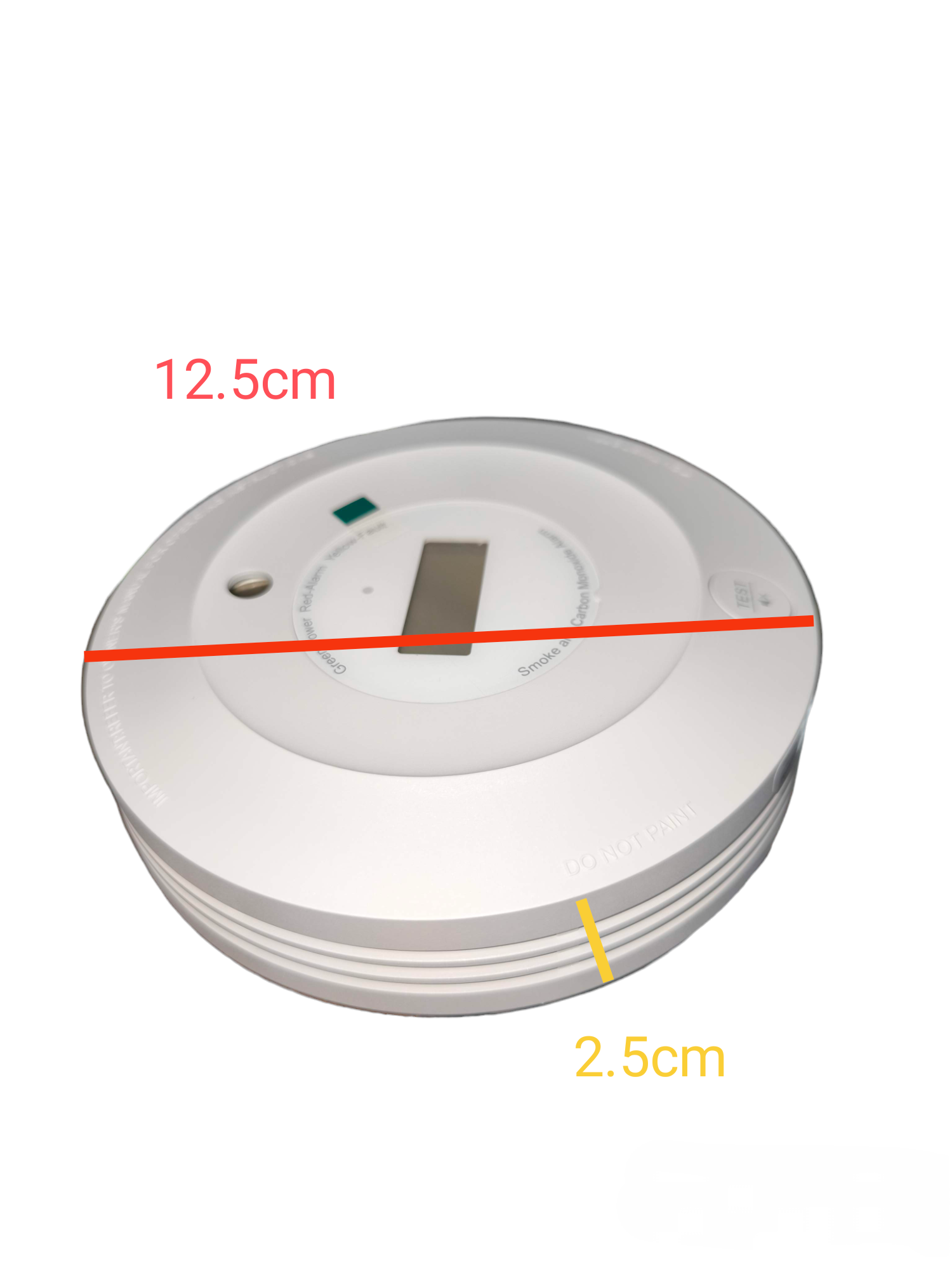 Aegislink Smoke Alarm with Carbon Monoxide detector showing dimensions 12.5 cm diameter and 2.5 cm thickness