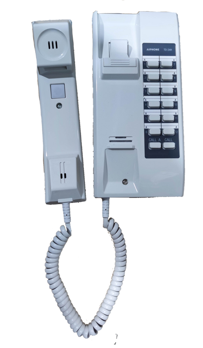 Aiphone 24 station intercom system white wall-mounted telephone with handset and multiple call buttons