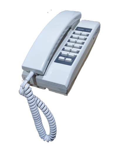 Aiphone 24 station intercom system with white handset and multiple buttons for security communication