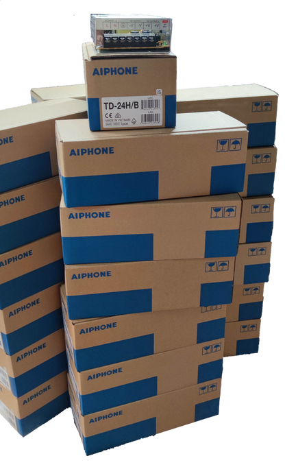 Stack of Aiphone boxes containing Aiphone 24 Sub station intercom system for security and communication