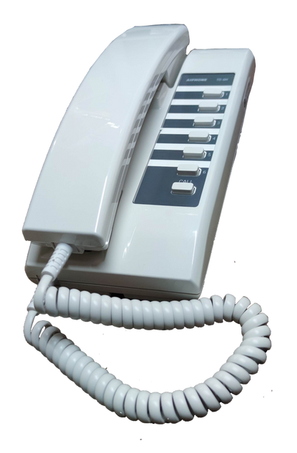 Aiphone 6 station intercom system white telephone unit with coiled cord and multiple buttons
