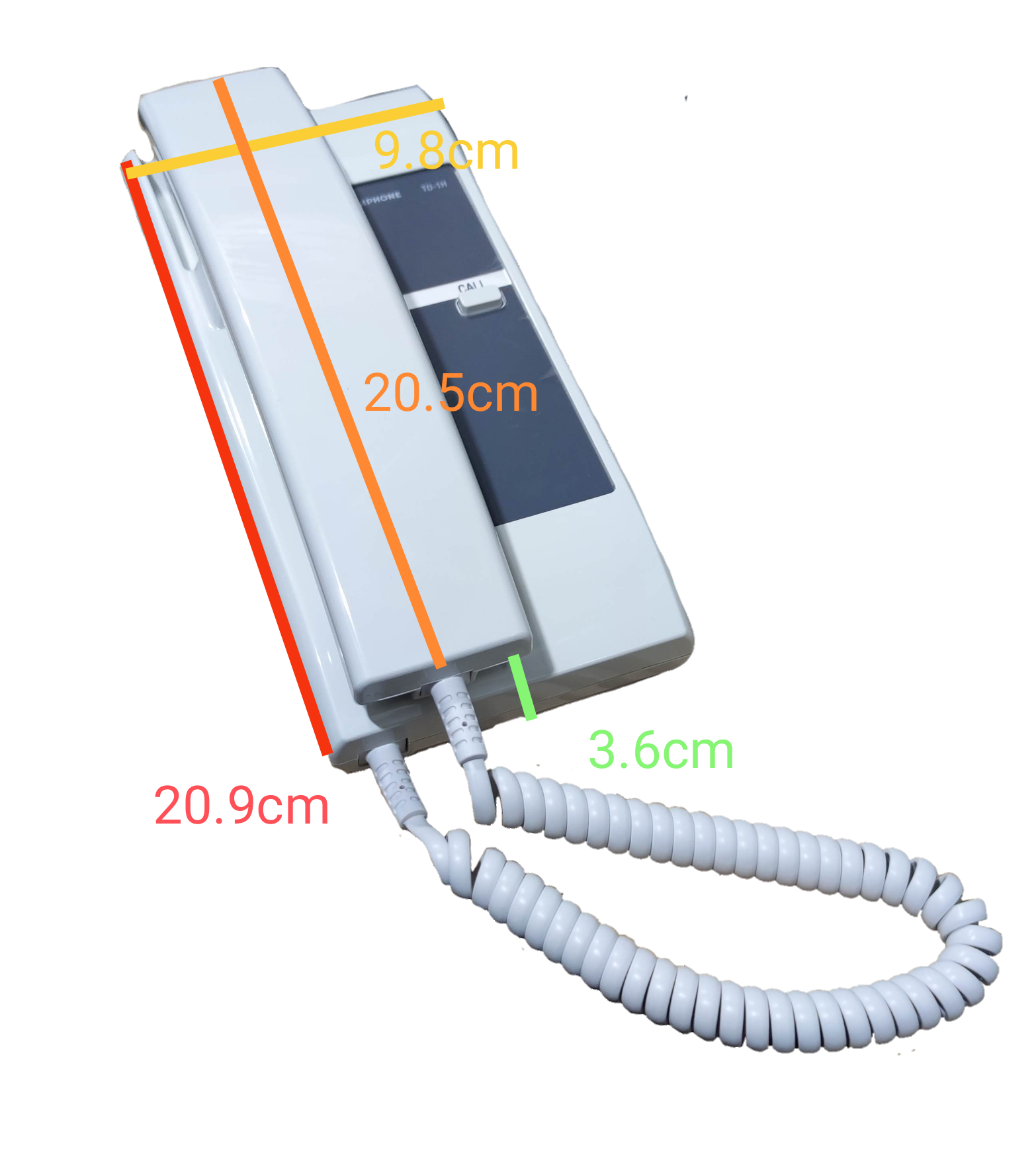 Aiphone 6 station intercom system white wall-mounted handset with coiled cord and measurements