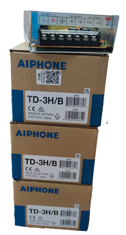 Aiphone intercom system power supply unit with three stacked Aiphone TD-3H/B boxes for CCTV and security system