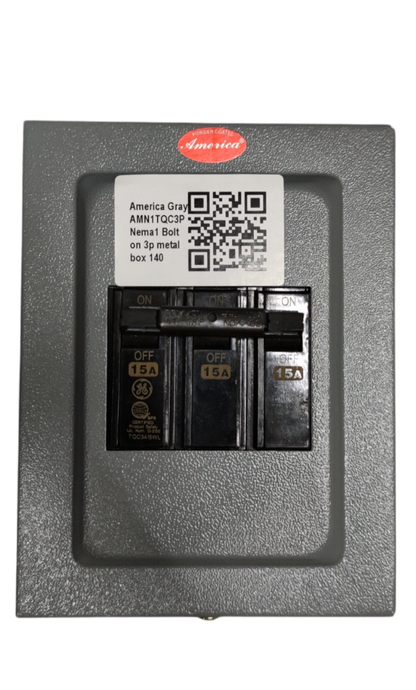 GE America 3 phase circuit breaker with enclosure featuring three 15 amp switches in gray metal box
