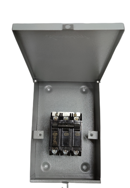 GE & America 3 phase circuit breaker with enclosure in gray metal box for electrical protection