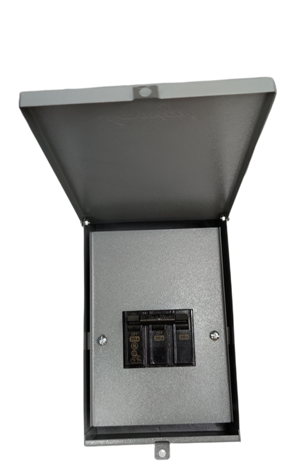 GE America 3 phase circuit breaker with enclosure shown open on black background