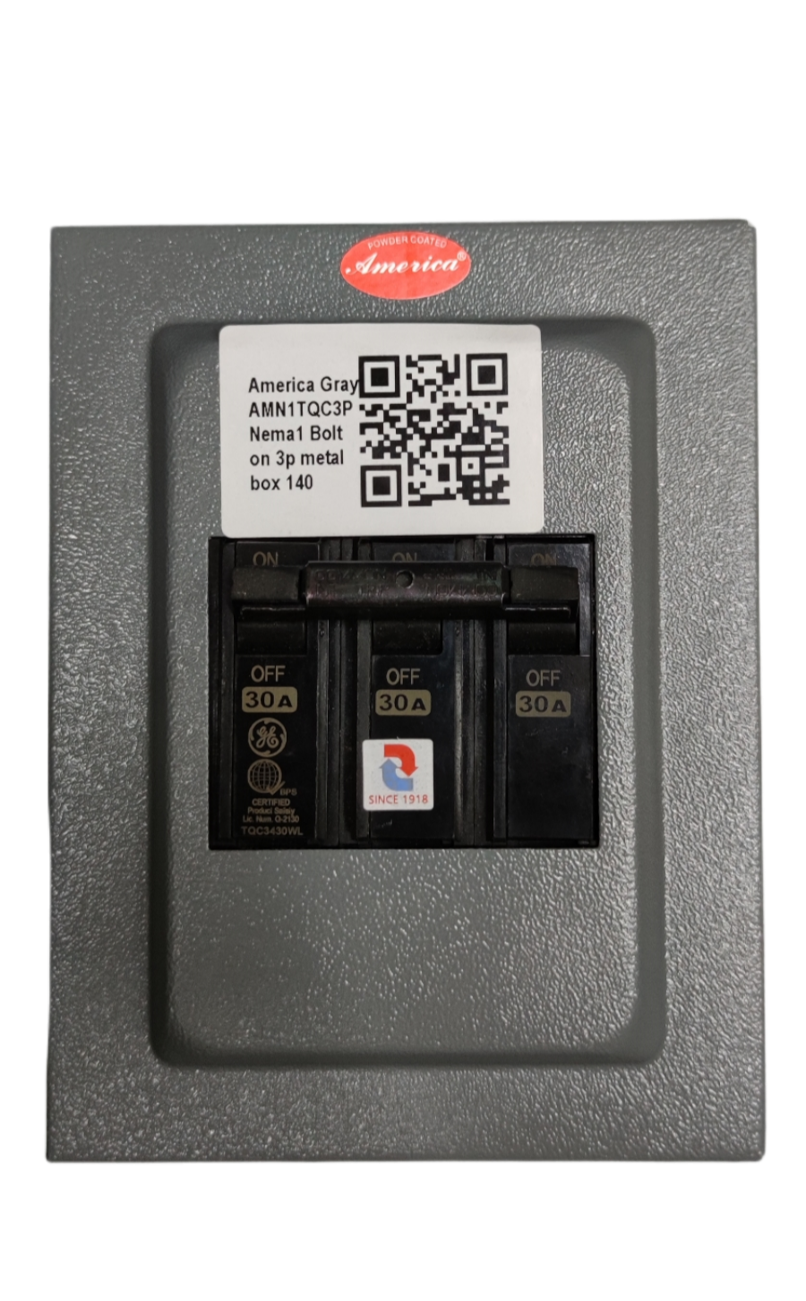 3 phase circuit breaker with enclosure by GE and America featuring three 30 amp switches in metal box