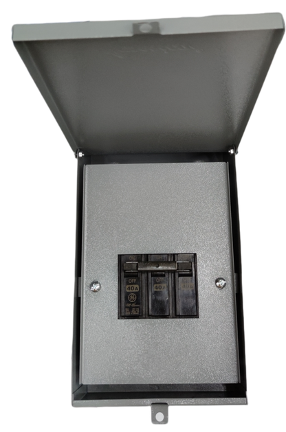 GE and America 3 phase circuit breaker with enclosure featuring metal protective cover and switches