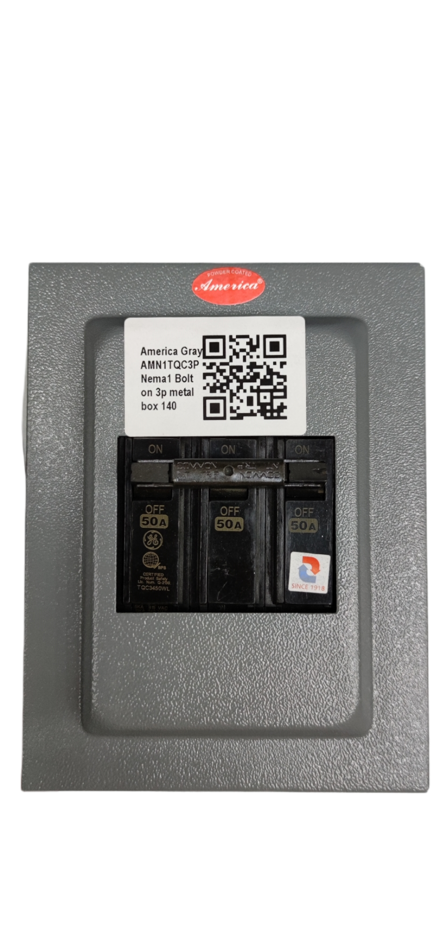 3 phase circuit breaker with enclosure by GE and America in gray metal box with labeled switches