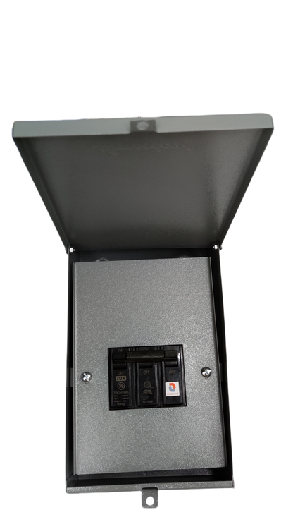 GE and America branded 3 phase circuit breaker with enclosure in gray metal box with open lid