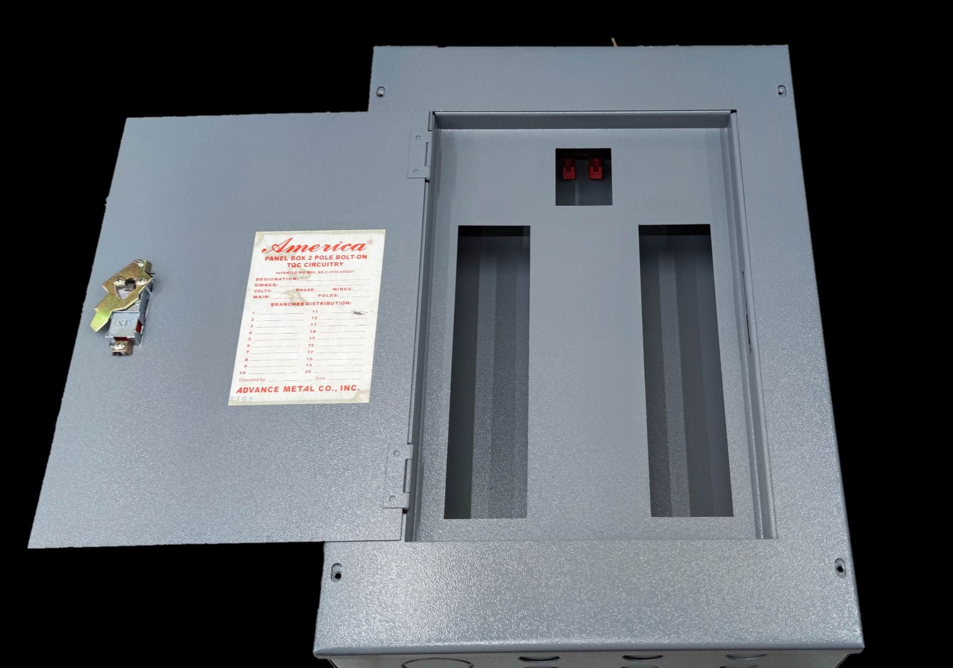 Electx Electrical Supply Center Main 2 Pole 10 Branches 2 Pole gray electrical panel with open door