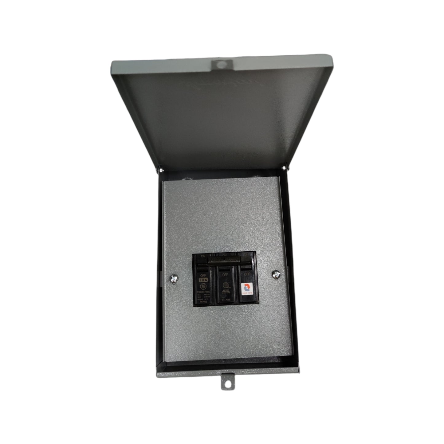 GE 3 phase circuit breaker with enclosure in a sturdy metal box for electrical safety