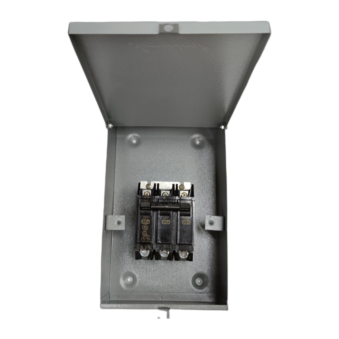 GE 3 phase circuit breaker with enclosure featuring four circuit breakers in a protective metal housing