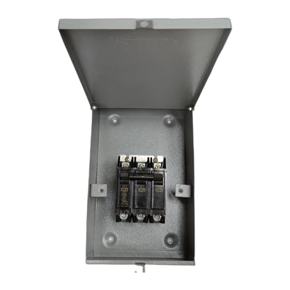 GE 3 phase circuit breaker with enclosure featuring four circuit breakers in a protective metal housing